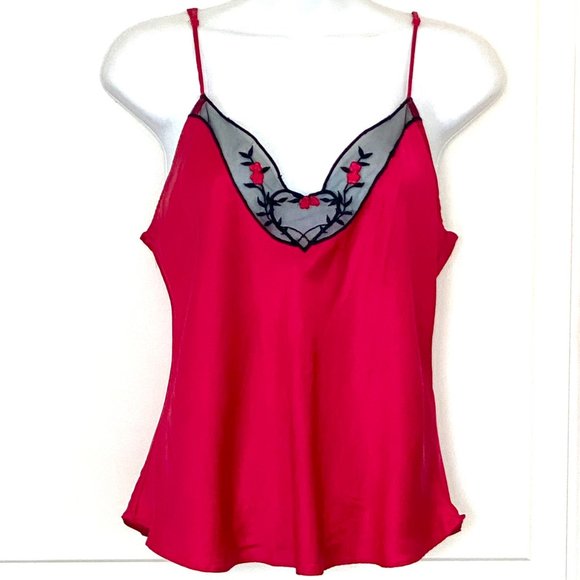 Silk Victoria’s Secret 90s Cami Vintage Red Black Mesh Roses Camisole Tank Top - Picture 1 of 6
